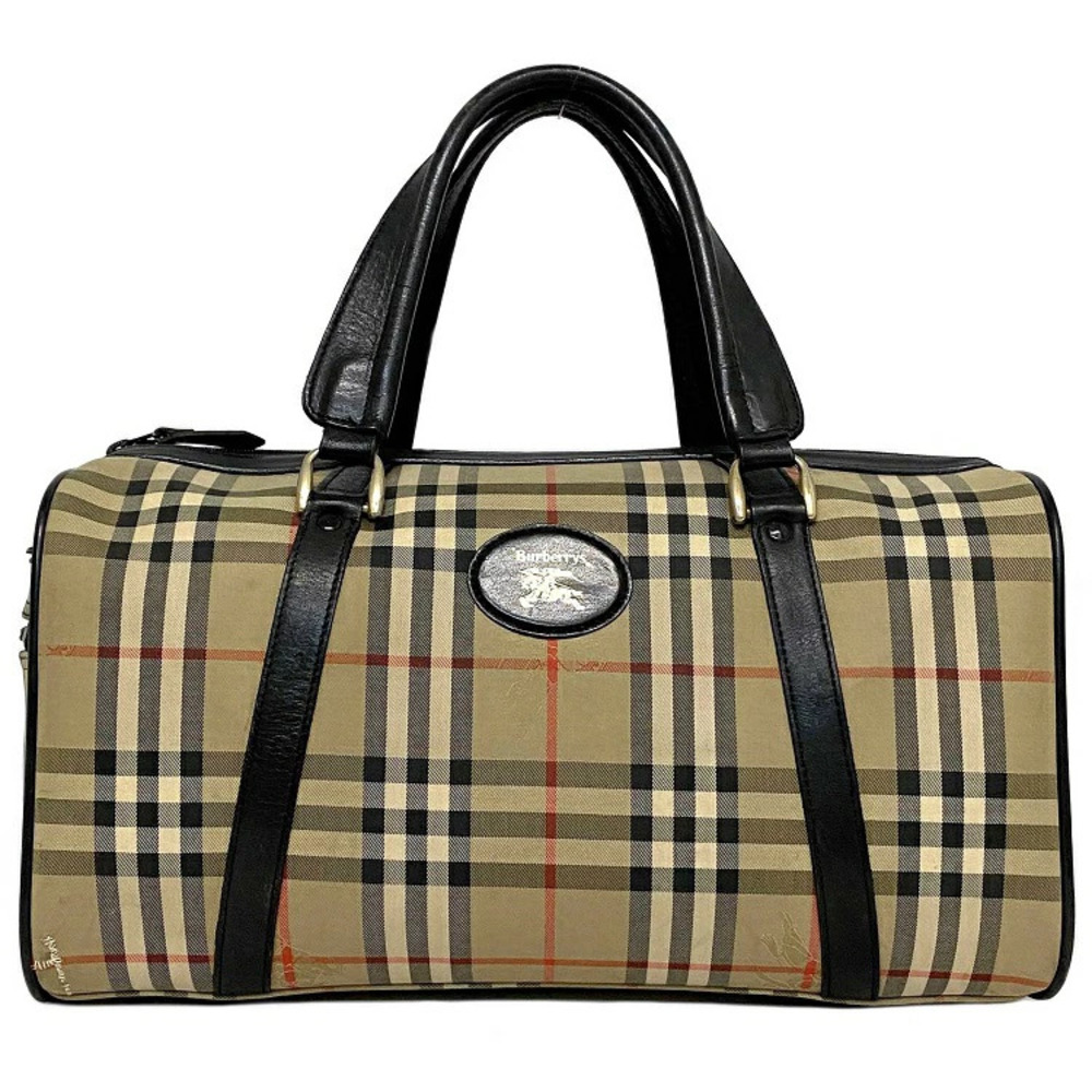 Burberry Boston Bag Beige Black Check Burberrys Zipper Travel Business Trip